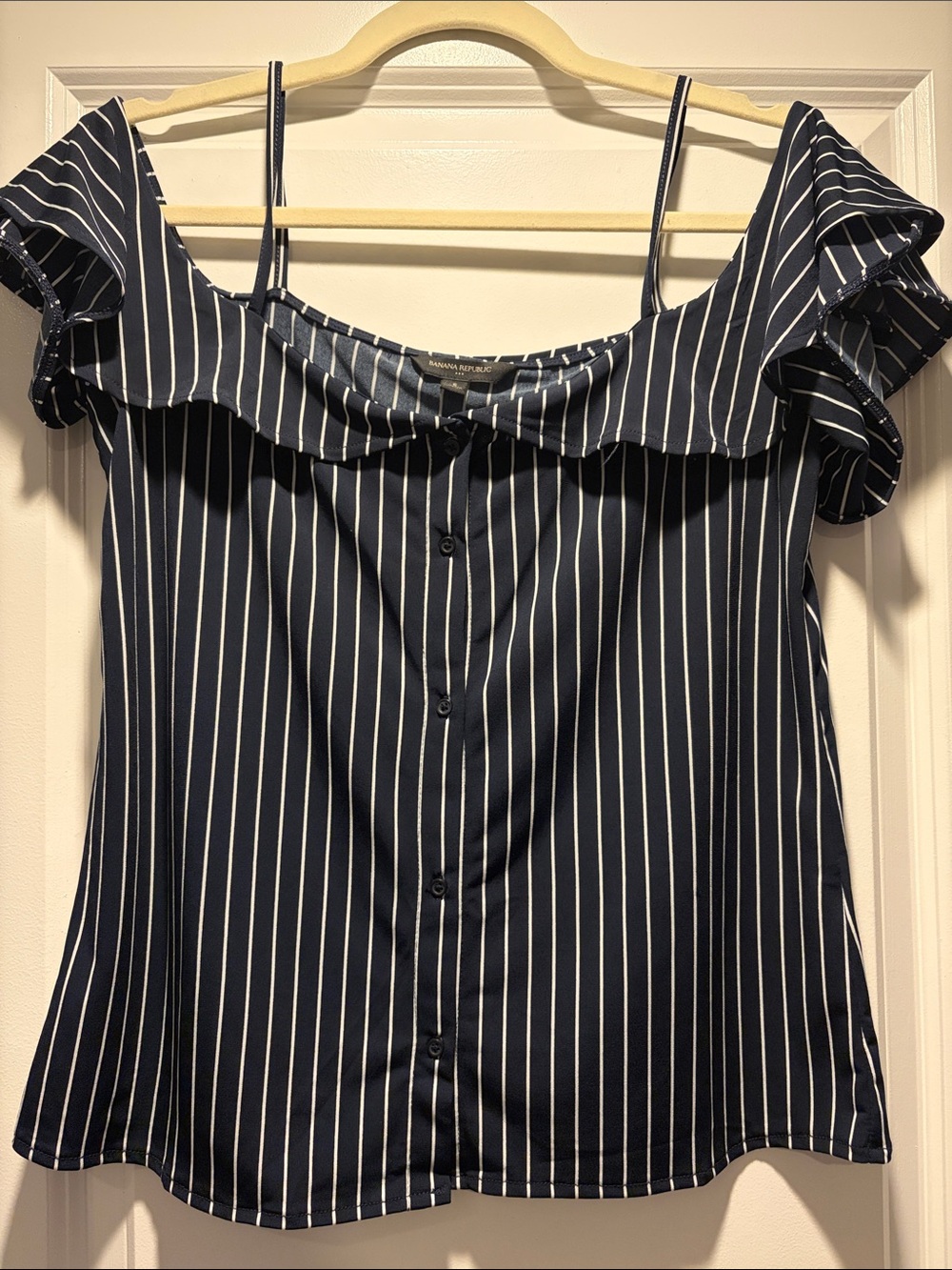 Banana Republic Navy and White Striped Off-Shoulder Blouse